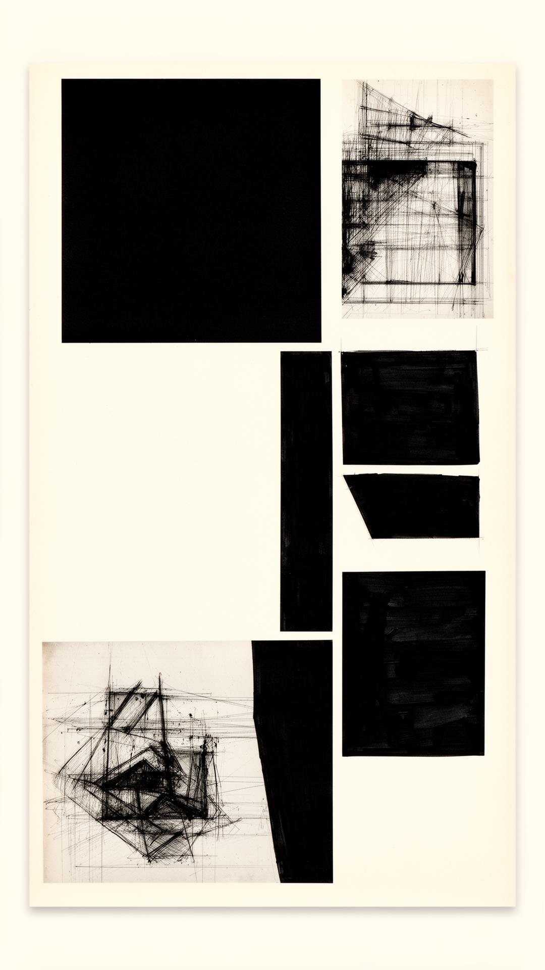 Brutalist editorial composition of ink shapes and grids