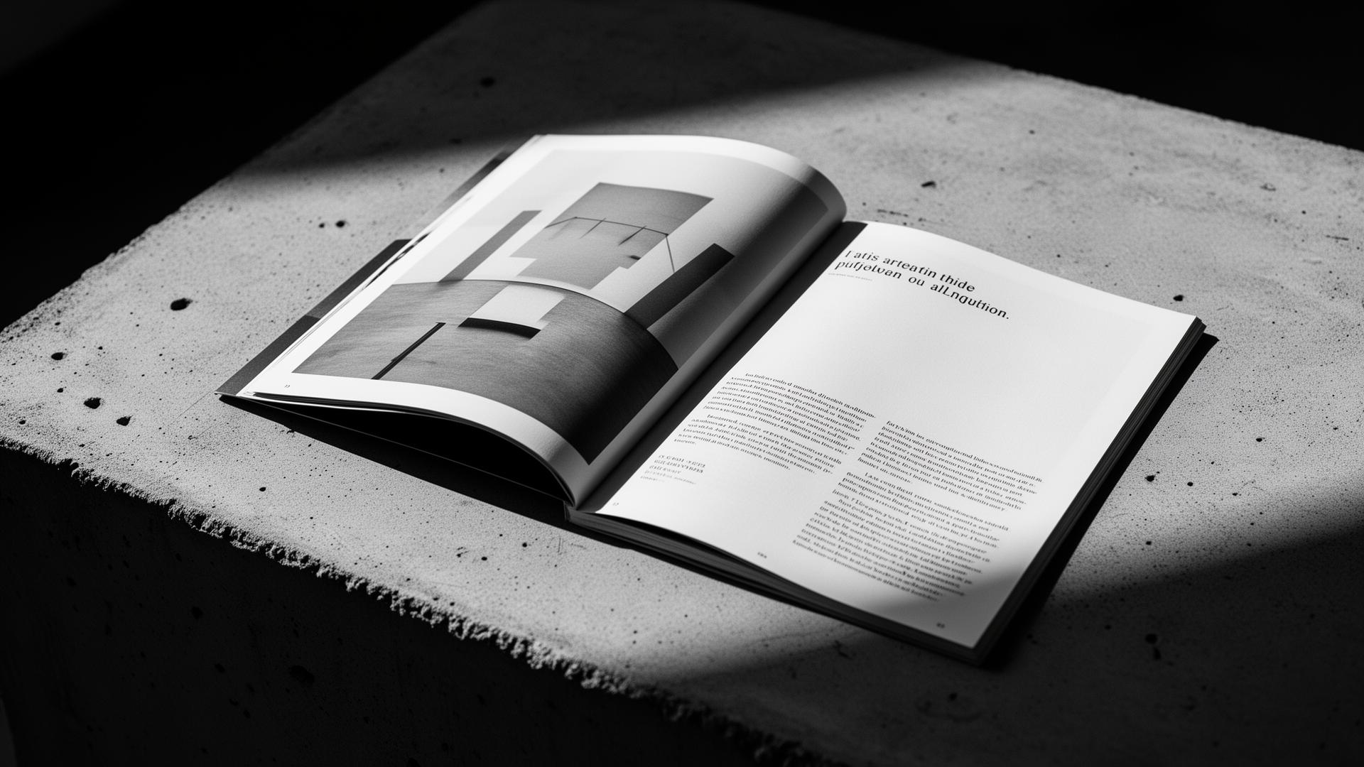 Open editorial spread on concrete, dramatic raking light