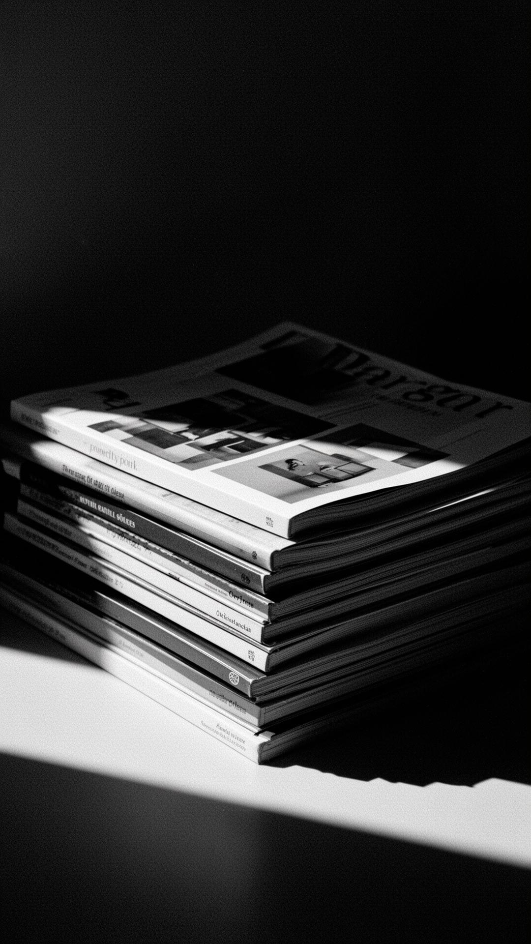 Stack of art magazines in dramatic light